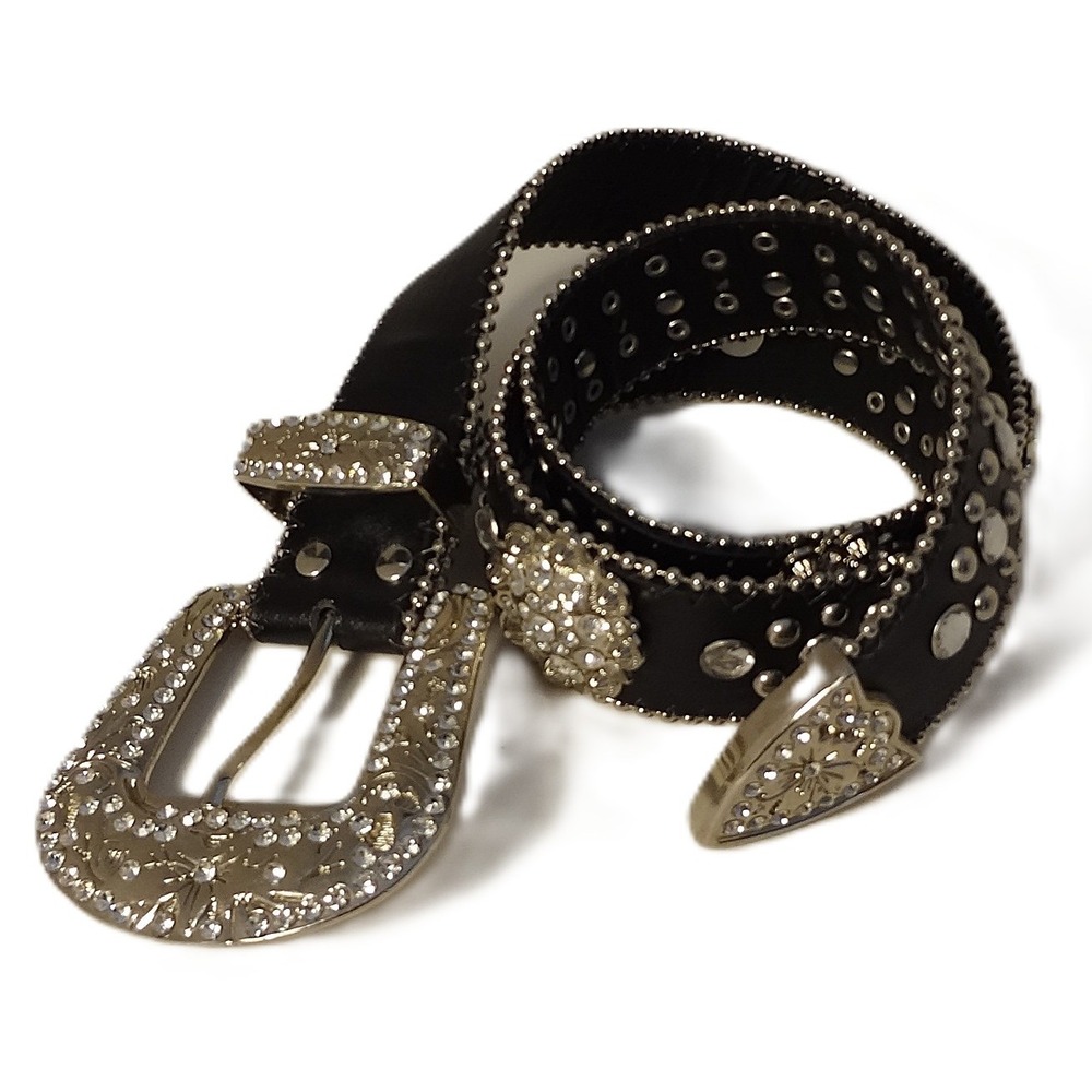 Rhinestone Studded Silver Tone Buckle Black Belt‎ Fashion Accessory-Women's Med